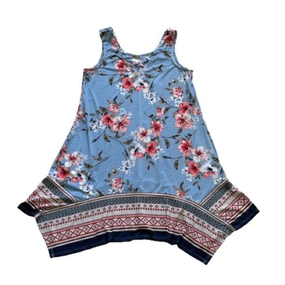 Three Pink Hearts Blue Floral Sleeveless Handkerchief Tunic Top Dress XS NEW - Picture 7 of 10